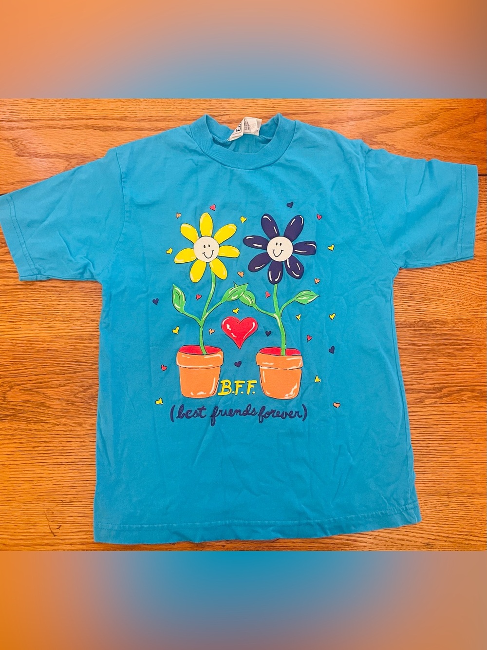 Vintage 1999 Basic Editions Bright Blue B.F.F. Flower Graphic Tee